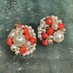 VTG Japan Faux Pearl & Coral Earrings Clip on Wired